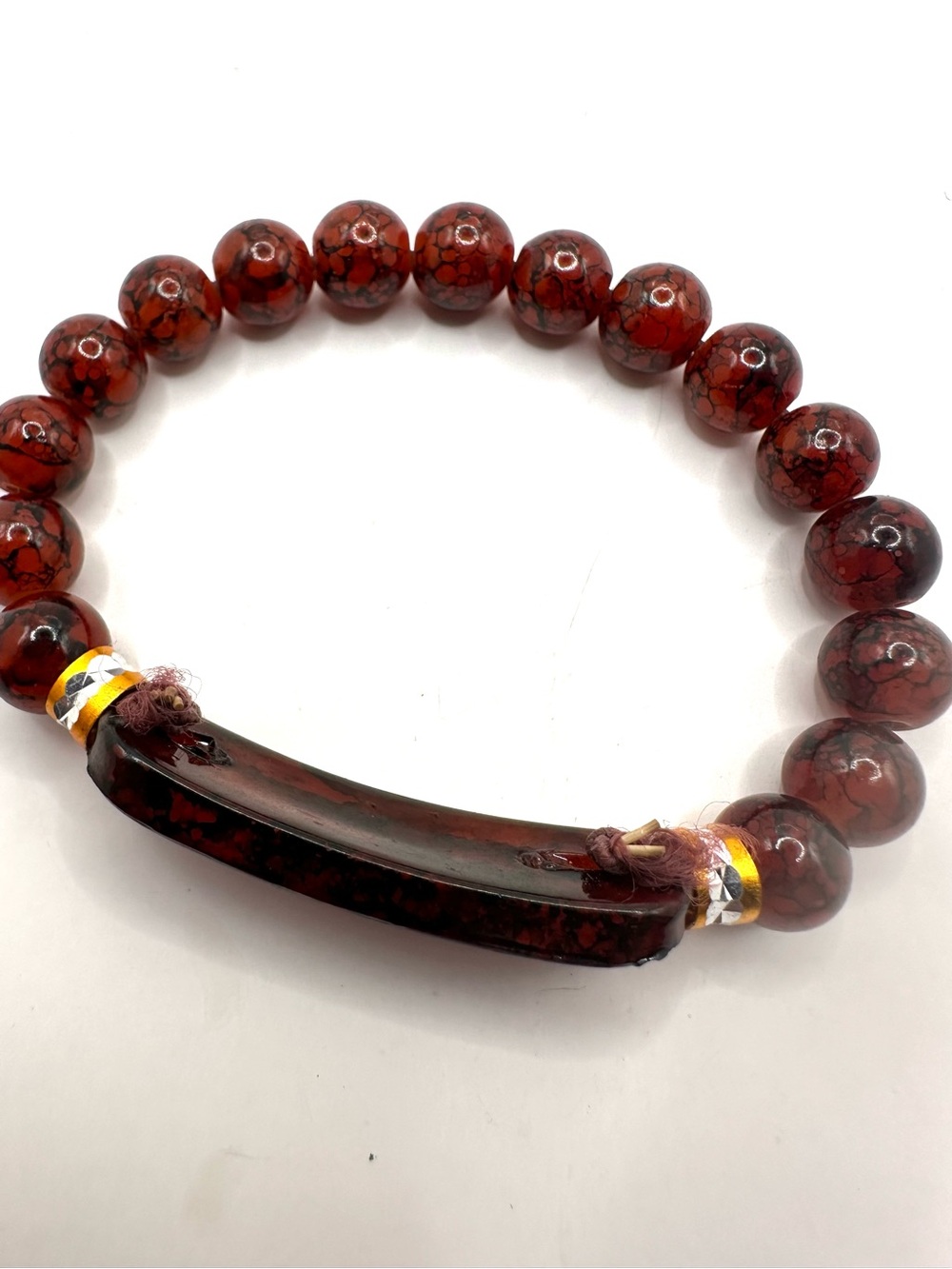 Fashion: Red Bead Stretch Bracelet with Curved Accent